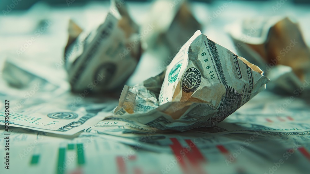 Poster a focused shot of crumpled bills on a background of declining financial graphs, symbolizing recessio