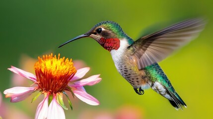 Fototapeta premium A close-up of a hummingbird hovering near a blooming flower, sipping nectar on a bright spring day