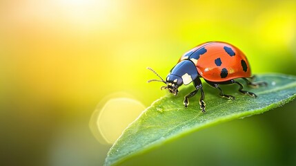 Fototapeta premium A close-up of a ladybug crawling on a fresh green leaf, capturing the small wonders of spring
