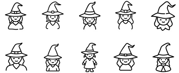 Line halloween little witch icon set