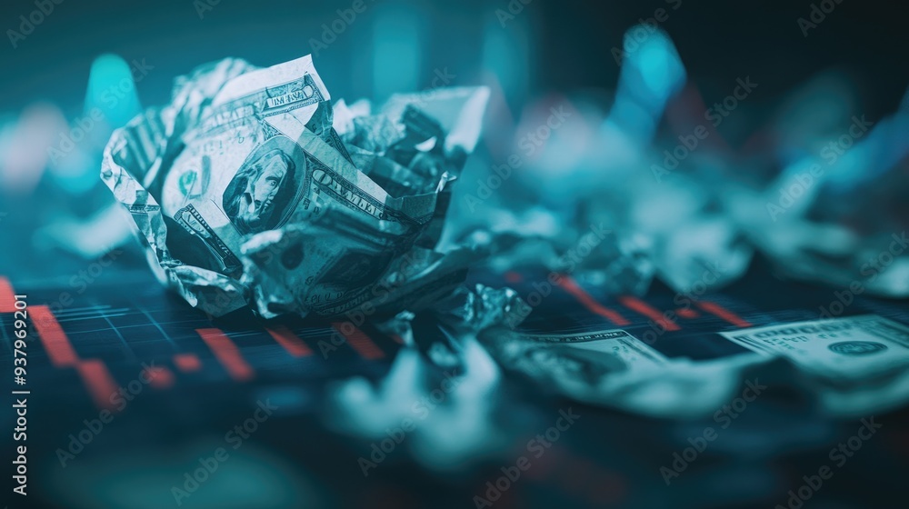 Poster a focused shot of crumpled bills on a background of declining financial graphs, symbolizing recessio