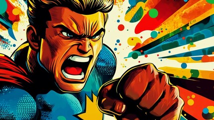 Furious Pop Art Hero - Vibrant Illustration of Angry Man in Colorful Comic-Themed Costume with Emotion Bubbles on White Background