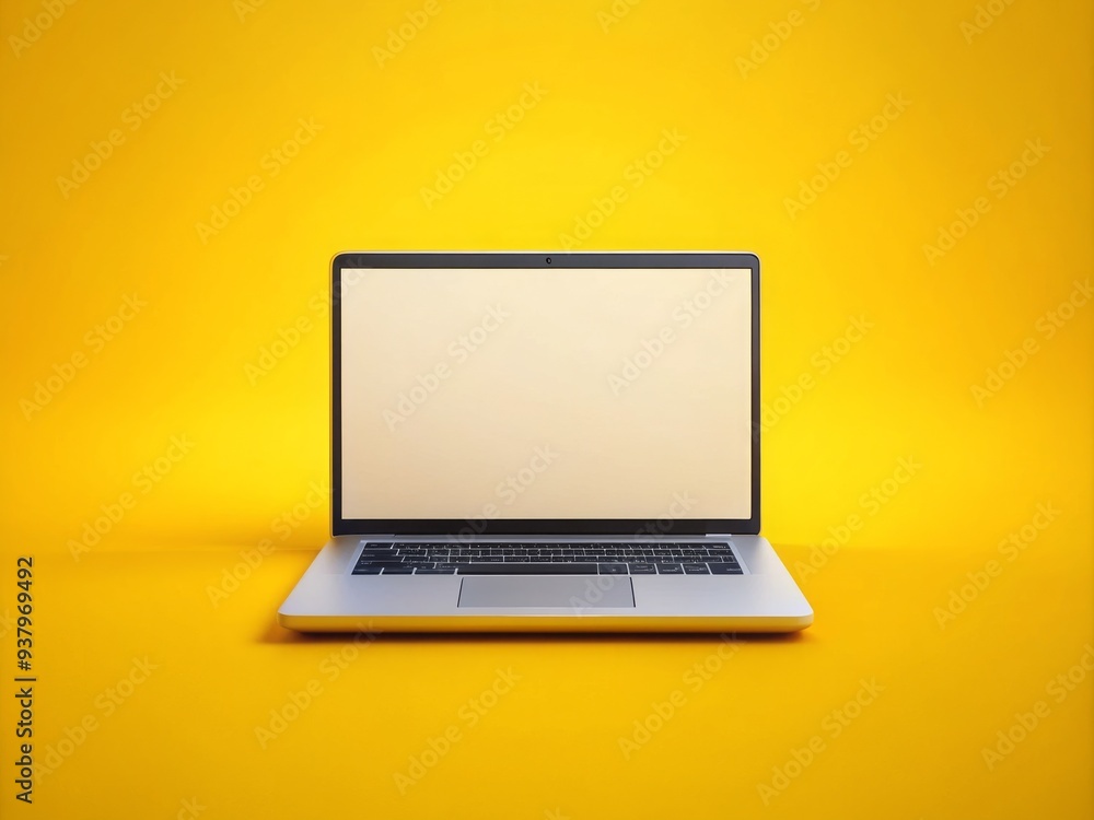 Fototapete isolated laptop on bright yellow background with blank screen, ideal for text or image overlay, high