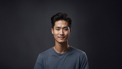 Naklejka premium Radiant young Korean man with flawless skin and natural beauty. Brunette with neat hair and a warm smile, gazing confidently at camera. Studio shot, perfect for beauty and cosmetic campaigns