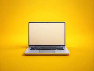 isolated laptop on bright yellow background with blank screen, ideal for text or image overlay, highlighting freedom to create and customize digital content.