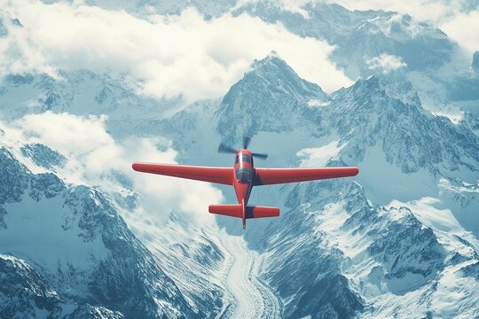 Red plane flying over snowy mountains under cloudy skies.