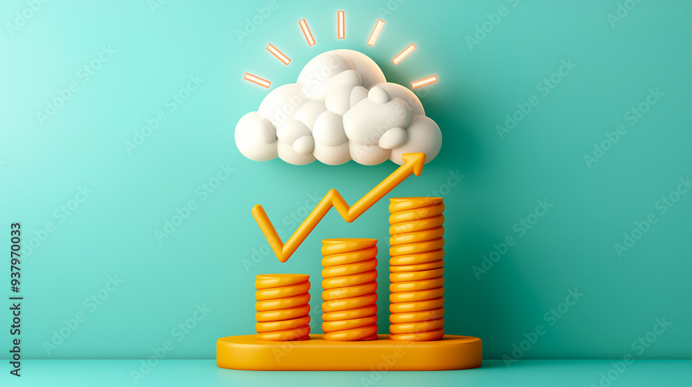 Poster an artistic representation shows three orange bars increasing in height, with a cloud and an upward 