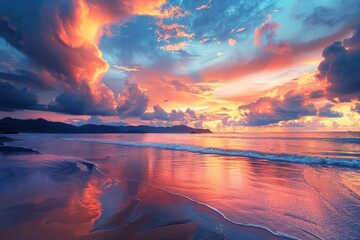 A serene beach scene at sunset with waves crashing against the shore
