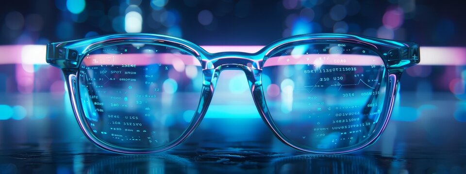 Smart glasses with futuristic technology background. VR/AR goggles. Artificial intelligence and cyberspace concept.