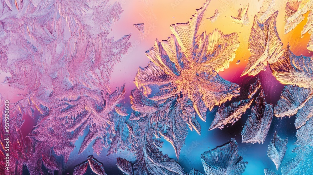 Poster a close-up of hyper-real frost patterns on a window, with exaggerated, intricate designs and intense