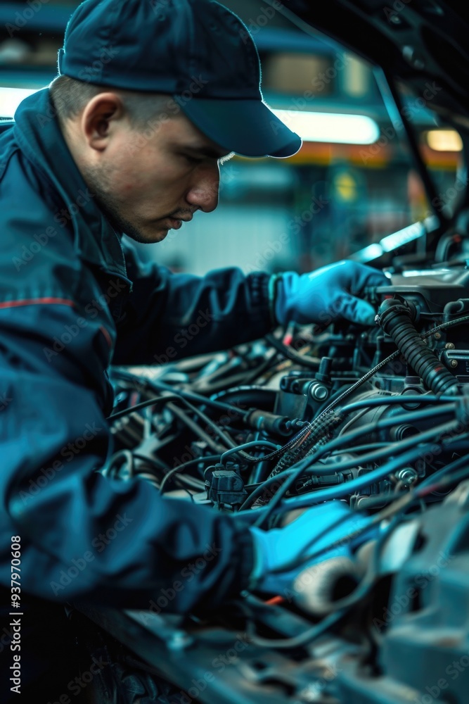 Poster A person tinkers with the internal combustion engine of an automobile in a garage setting