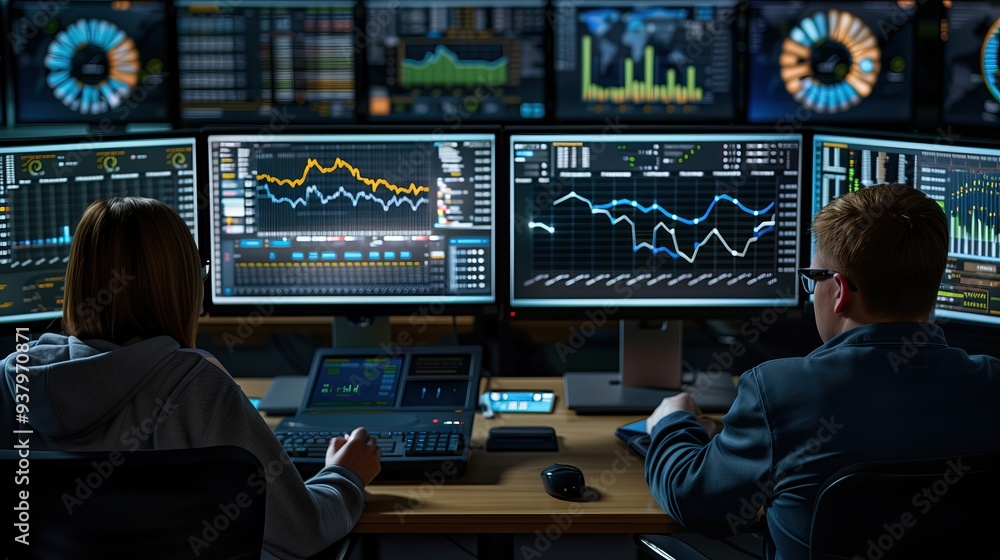 Poster Two people analyze data on multiple computer screens