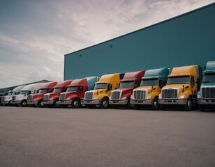 Naklejka premium fleet of American trucks parked front of warehouse