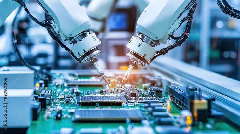 Poster a close-up of robotic arms assembling electronic components on a production line, showcasing precisi