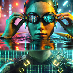 Cyberpunk Female Swimmer Adjusting Goggles in Futuristic Pool - Split Shot Above and Underwater