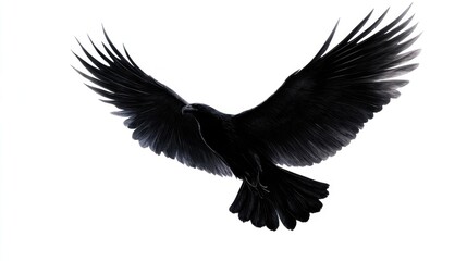 A powerful black winged silhouette soaring against a white background, an emblem of strength and heavenly ascent.