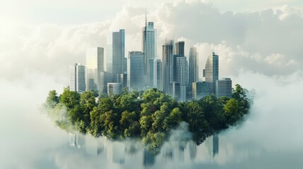 Obraz premium A city skyline emerges from a misty island, with lush green trees surrounding the skyscrapers, creating a surreal and captivating scene.