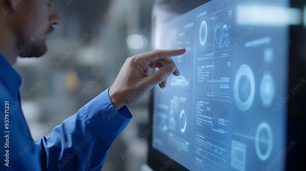 Poster man interacting with futuristic interface