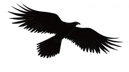 Naklejka premium A powerful black winged silhouette soaring against a white background, an emblem of strength and heavenly ascent.