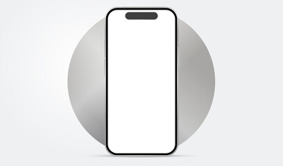 3d smartphone mock up realistic white screen. Phone 13, 14, front view mockup. Silver cellphone mobile isolated with blank screen silver background for display your design, site.
