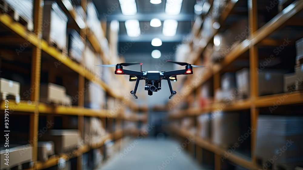 Poster a drone flying autonomously through a warehouse, navigating shelves using mechatronic control system