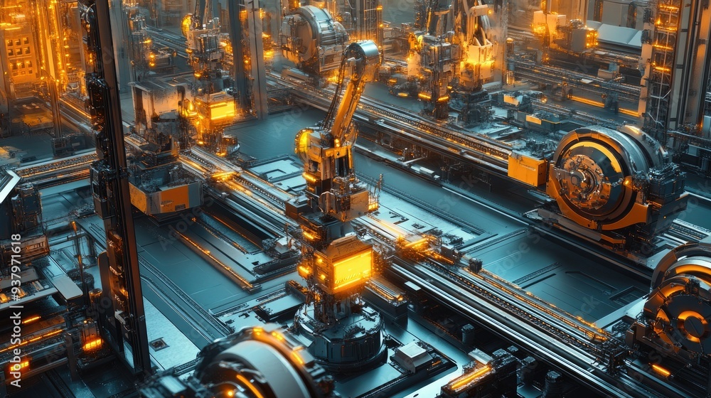 Poster a futuristic factory floor with automated machines and conveyor belts driven by mechatronic systems