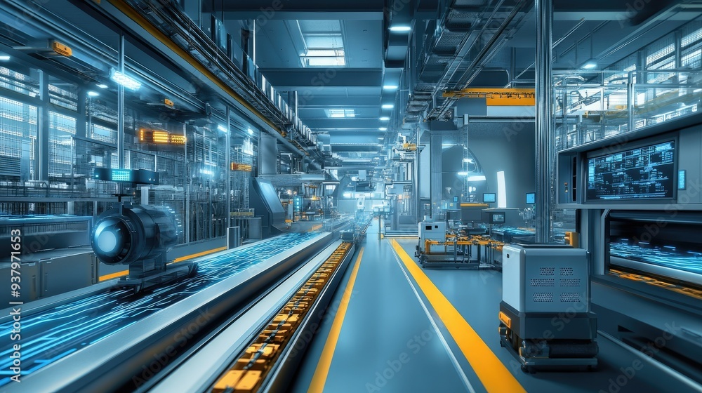 Poster a futuristic factory floor with automated machines and conveyor belts driven by mechatronic systems