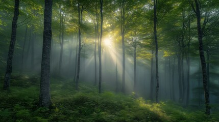 Obraz premium Sun shining through fog in green forest