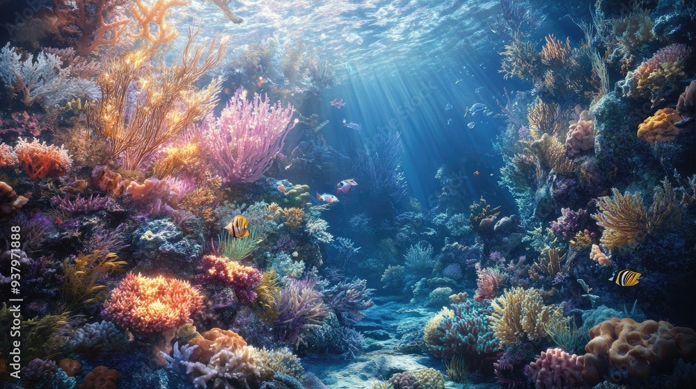 Wall mural a hyper-real depiction of a coral reef with vividly colored, glowing corals and ultra-detailed marin