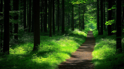 Obraz premium Forest Path: A sun-drenched path winds through a serene forest, beckoning exploration. Lush green foliage and dappled light paint a picture of tranquility and adventure. 