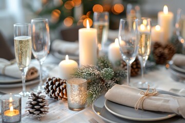 A beautifully arranged dining table adorned with candles, sparkling glasses, pinecones, and festive decorations, creating a warm atmosphere for celebration.