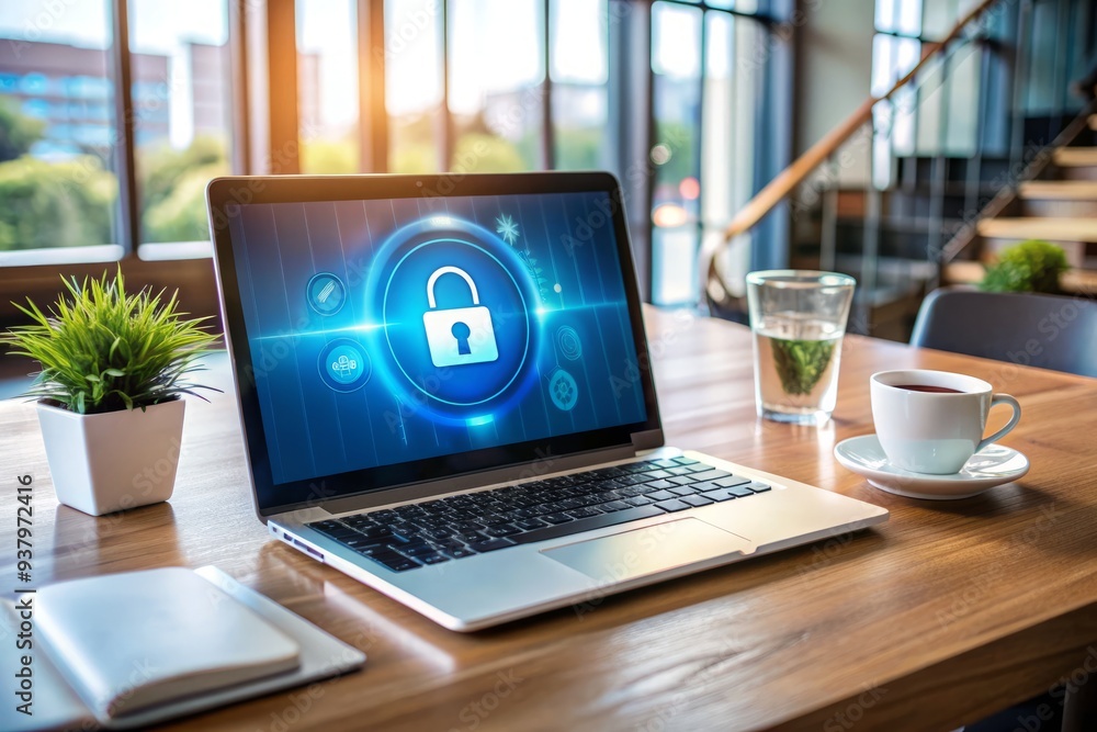 Poster laptop screen displays login credentials and security files amidst a digital background, highlightin