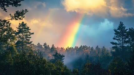 A hyper-real shot of a rainbow over a forest, with exaggeratedly vibrant colors and an almost surreal atmosphere