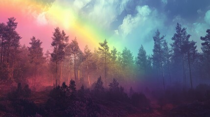 Naklejka premium A hyper-real shot of a rainbow over a forest, with exaggeratedly vibrant colors and an almost surreal atmosphere