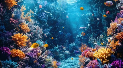 A hyper-real underwater scene with vibrant coral reefs and fish that seem to glow with otherworldly colors