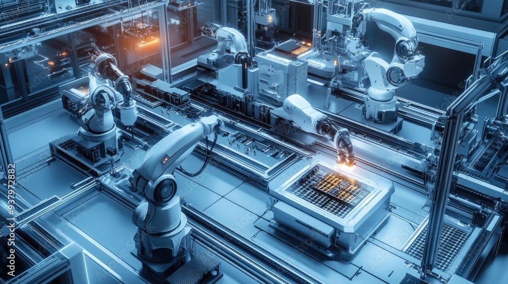 Poster a mechatronic system in a cleanroom environment, with robots assembling sensitive electronic compone