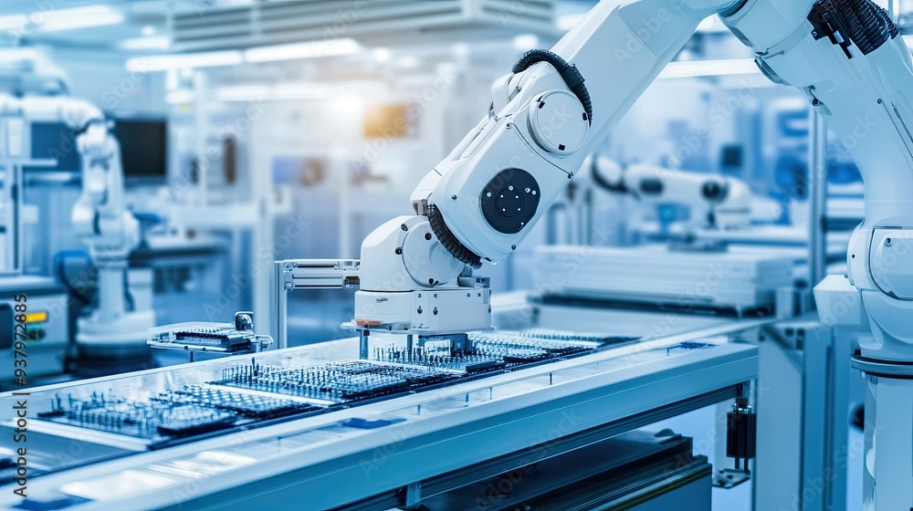 Poster a mechatronic system in a cleanroom environment, with robots assembling sensitive electronic compone