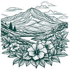 Aesthetic Beautiful Botanical Flower with Natural Mountain scene Graphic Silhouette Illustration