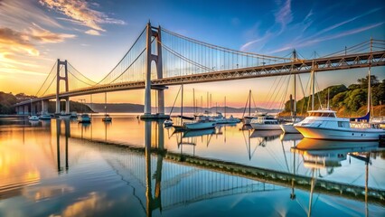 Long, Steel Suspension Bridge With Cables Stretching Up To Two Tall Towers, Located Over A Calm Body Of Water With Boats.