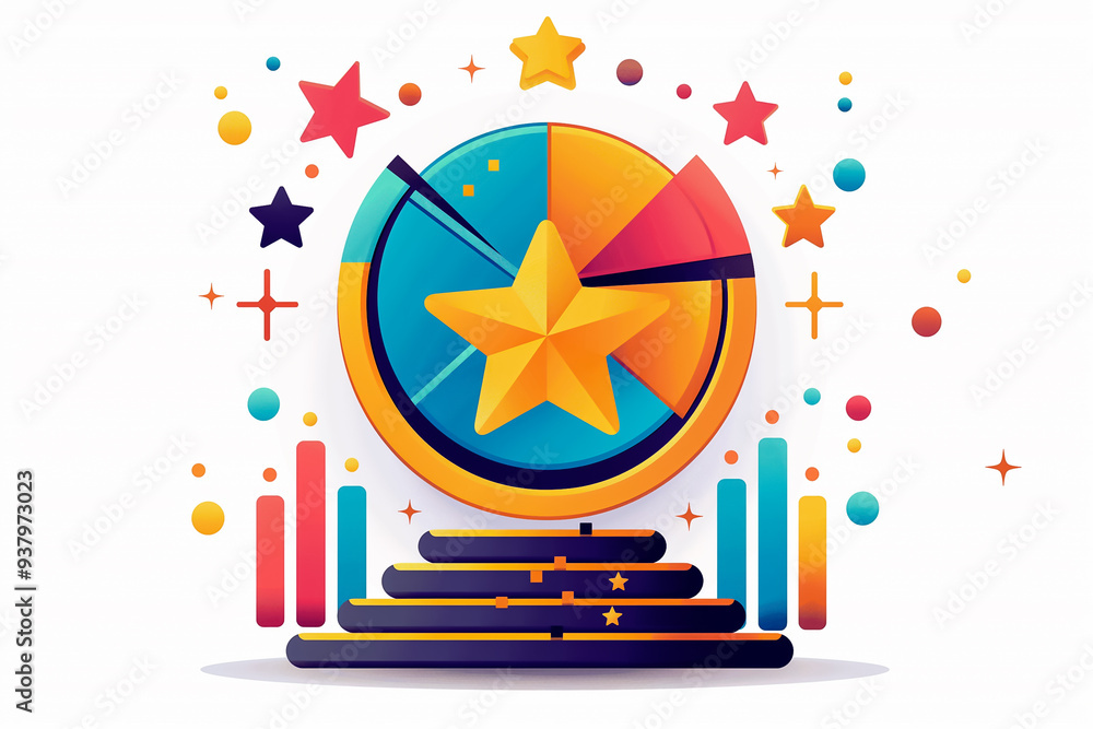 Poster a vibrant pie chart featuring a star symbolizes success and progress, surrounded by colorful spheres