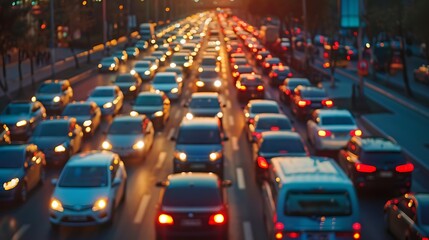 Cars stuck in traffic during evening commute with blurry lights creating sense of motion and congestion for urban transportation and daily rush hour concept.