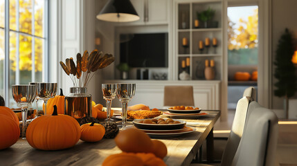 Eyecatching A halloween pumpkin sits on a table in a room with a fireplace and candles