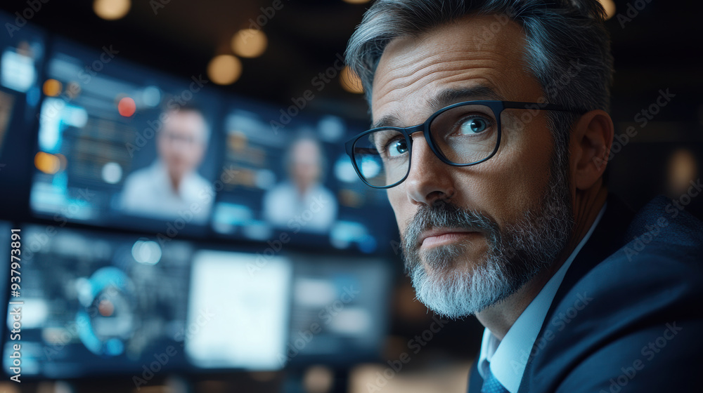 Poster focused professional man monitoring data on multiple screens in a modern office environment.