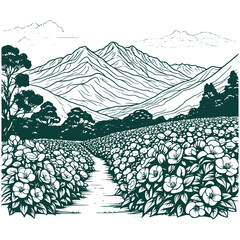 Aesthetic Beautiful Botanical Flower with Natural Mountain scene Graphic Silhouette Illustration