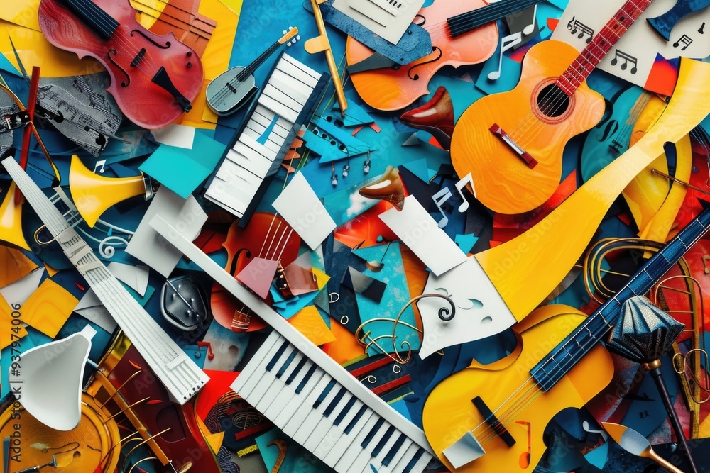 Poster A collection of musical instruments and a keyboard stacked together