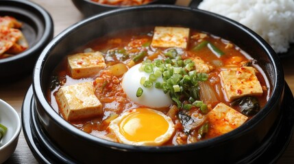A steaming hot bowl of sundubu-jjigae (soft tofu stew) with kimchi, vegetables, and egg, served with rice and side dishes