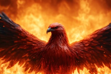 Fototapeta premium Forest ablaze with fire as birds and farm animals flee, a rooster stands isolated against the fiery sky