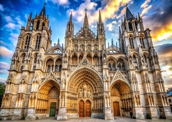 Fototapeta premium Magnificent Gothic Cathedral Notre Dame of Rouen stands tall in France, its intricate stone carvings, stunning stained glass, and soaring vaults a testament to medieval grandeur.