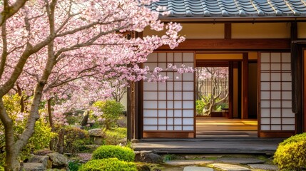 A traditional Japanese house with sliding doors open to a garden filled with blooming cherry blossoms in spring