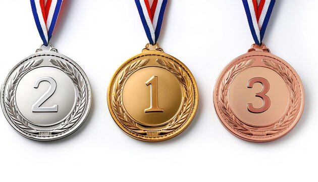 Gold 1, silver 2 and bronze 3 medal. isolated on white background with copy space.  Top 3 first, second and third place finishers in a race, marathon or Olympic competition event
